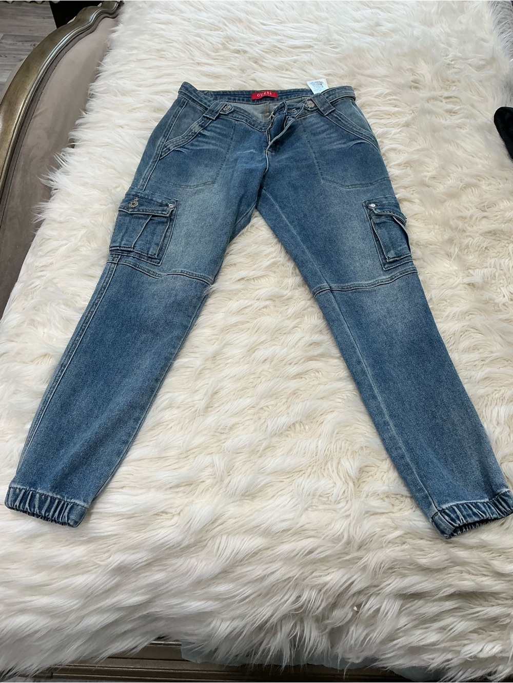Women’s Blue Cargo Jeans with Elastic Hem